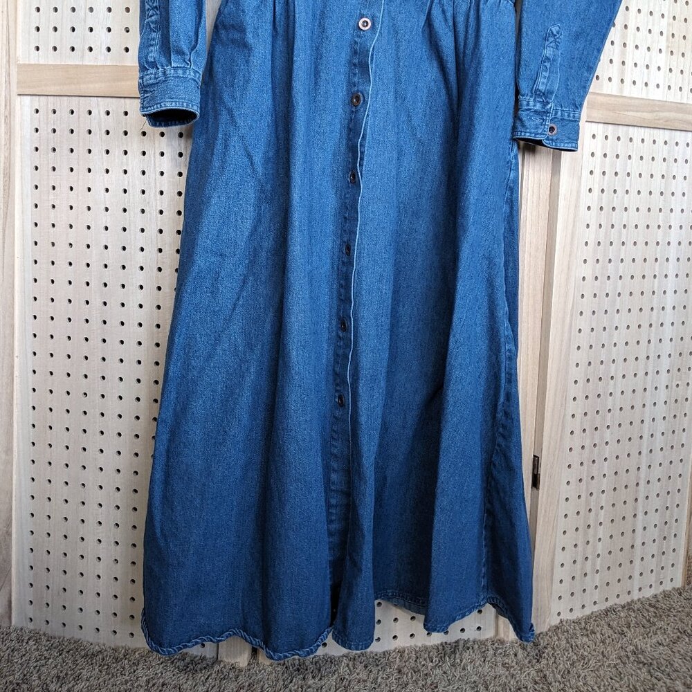 Vintage Bedford Fair denim maxi dress, pockets, long sleeves, button front - Picture 2 of 12
